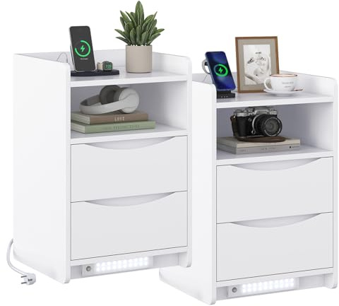 Brinlawb Table de Chevet Lot de 2 avec lumières LED et Multiprise (2 Prises CA, 2 Ports USB) Table de Nuit Lot de 2 avec 1 Compartiment Ouvert et 2 Tiroirs pour Salon, Chambre, Bureau, Montage Facile