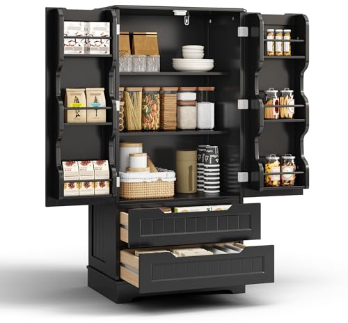 Blishom Küchenschrank, Küchenvorratsschrank mit Doppeltür, Freistehender Küchenschrank hoch, Buffetschrank für Küche, Esszimmer, Wohnzimmer, 60x40x120 cm, Schwarz