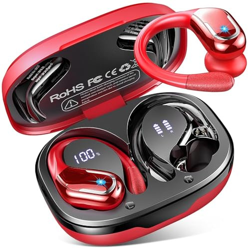 Wireless Earbuds, 75H Bluetooth 5.4 Headphones Sports with ENC Mic, Stereo Noise Cancelling Ear Buds, Wireless Headphones with Earhooks, LED Display, IP7 Waterproof Running Earphones for Workout, Red