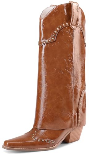 RONILURN Damen Haifisch-Stiefel, umklappbar, mittelhoch, klobiger Absatz, Snip Toe, Cowboy, Cowgirl, Nietenstiefel für Damen, Braun Lack, 39 EU
