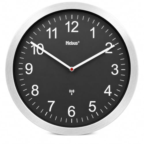 Mebus XXL Funkuhr Extra Große Wanduhr Lautlos Uhrwerk Kein Sekundenzeiger Ziffernblatt 45cm Durchmesser Modell 14120 Schwarz Silber 45 Zentimeter Durchmesser