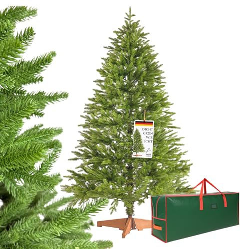 Valle Verde Weihnachtsbaum künstlich 180 cm – 100 % PE Nadeln, 100% Spritzguss – Tannenbaum, Naturgetreue Optik & Dichte Zweige – Mit Holzständer & Aufbewahrungstasche – Sicher, Langlebig, Nachhaltig