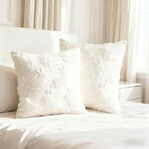 LOSTTYPE LOETYPE Soft White Faux Fur Cushion Covers, 2 Pack 45x45cm, with Adorable Bunny Rabbit Design, for Bed, Sofa, Home Decor, Indoor and Outdoor Use on Holidays and Travel