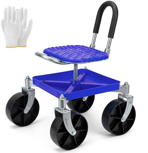 Taburete de jardín con ruedas giratorias de 360 ° y ruedas giratorias de 360 °, capacidad de carga de 150 kg, altura ajustable (51 – 61 cm) – Asiento de jardín con guantes para escardar, plantas