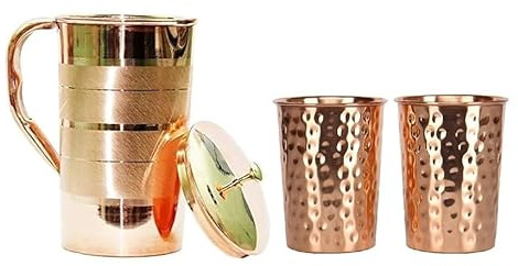 TreegoArt Jarra de agua de cobre puro de 2 litros con diseño táctil plateado con vidrio de cobre martillado de 300 ml, a prueba de fugas, sin costuras para el hogar y la cocina, paquete de 3