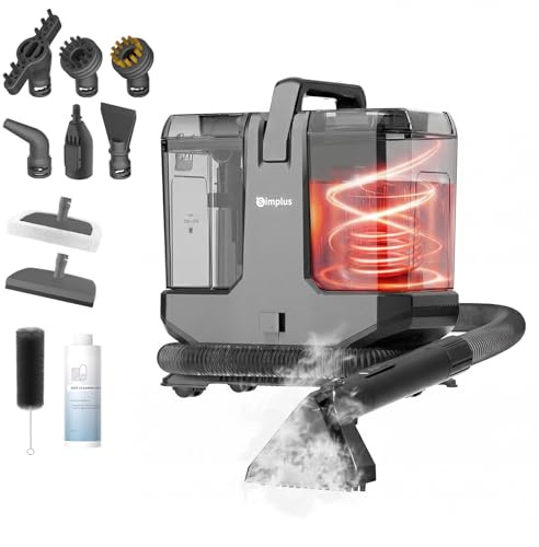 SIMPLUS Nettoyeur Vapeur Tissu Canapé Portable avec Fonction Eau Chaude 110℃, Shampouineuse Extracteur 22000Pa, Double Réservoir, 9 Brosses pour Tapis Moquette Voiture Matelas Animaux