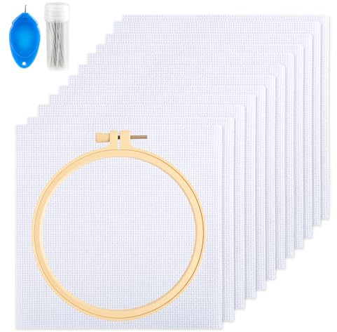 12 PCS Kreuzstich Stoff zum Sticken 20x20cm Sticktuch aus Reiner Baumwolle | Weiß Reserve Aida-stoff mit Stickrahmen & Nadeln, Stickerei-Stoff für DIY Basteln Handwerk und kreativen Handarbeiten