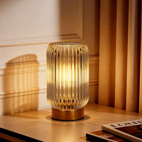 MJ PREMIER Tischlampe Kabellose Transparenten Glaslampe mit vertikalen | Tischleuchte Batteriebetrieben Timer, 2700K Warmlicht Retro Nachttischlampe, Tragbare Deko Lampe als Geschenk