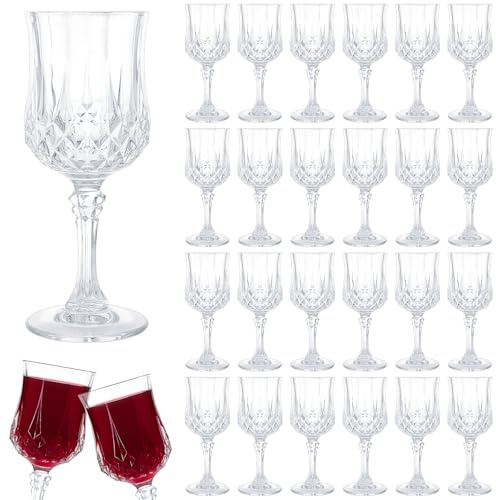 LYCN 24Pcs Plastic Wine Glasses, 7 oz Plastic Stem Goblets Cocktail Cups | Reusable Clear Cordial Goblets, with Stem, Vintage Style, Dishwasher Safe, for Wedding Picnics Grand Event Party