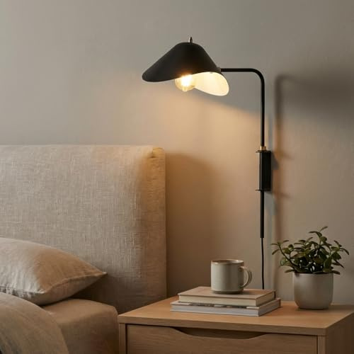 BARCELONA LED Wandleuchte mit Gelenkarm und Stecker, Schwarze industrielle Retro-Nachttischlampe, Robustes Metall, Mit Kabel und Schalter, Ideal für Schlafzimmer und Wohnzimmer