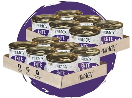 PRIMOX Katzenfutter nass PUR Ente, 12x 200 g - Natürliches Nassfutter mit 70% Fleischanteil - Monoprotein-Quelle ohne Getreide & Zucker - Mit Tierärzten entwickelt