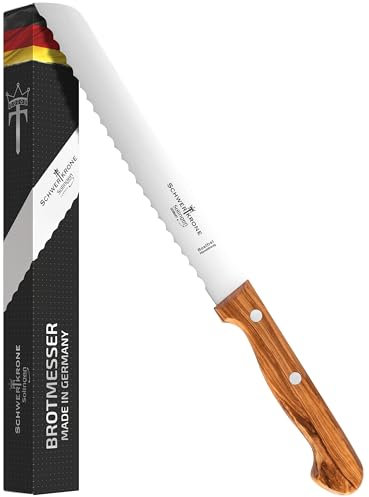 Schwertkrone® Brotmesser Holzgriff Wellenschliff [MADE IN SOLINGEN - GERMANY] - Bread Knife - Brotmesser mit Holzgriff - Brotschneidemesser - Sägemesser mit Oliven-Holzgriff (Klinge: 20cm)