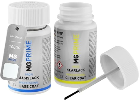 MG PRIME Autolack Lackstift für Dacia 10004 / 11A Alb Artika White +1K | Arktis Weiss, Set aus Basislack + Klarlack, Lackfläschchen mit Pinsel, je 50ml