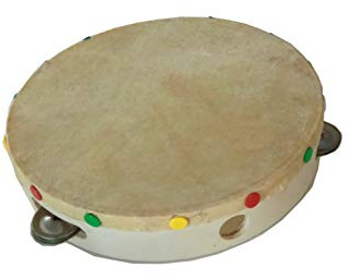 Pandereta aprendizaje, madera chapeada, piel artificial y 5 elementos sonoros. Ideal para fiestas alocadas