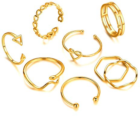 FOCALOOK Lot de Bague Femme Plaquée Or Anneaux Empilables Dorés pour Dames Filles 8 Pièces Ensemble Knuckle Midi Rings