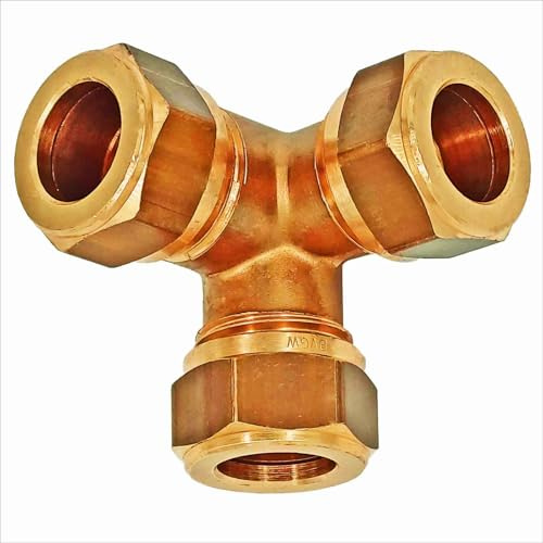 MegaHaustechnik Schraubfitting Kupferrohr, T-Stück Eckform, 15mm | Messing Klemmringverschraubung, Trinkwasser geeignet, für Rohr-Außendurchmesser 15mm, Verbinder Winkel-Eckform Stück