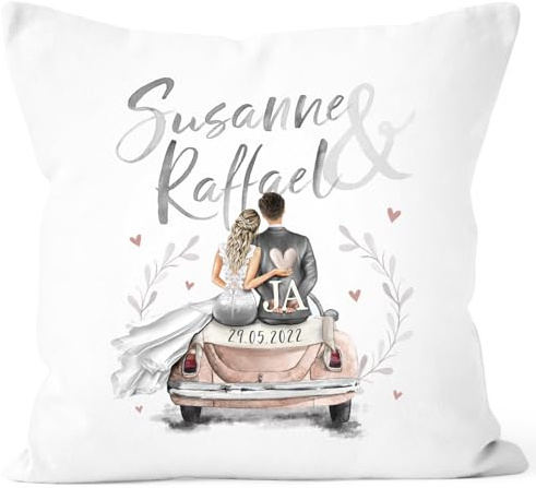 SpecialMe® personalisierbares Kissen Geschenk Hochzeit mit Namen und Datum Auto Brautpaar Hochzeitstag Jahrestag Weiss Standard