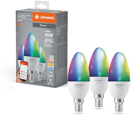 LEDVANCE Smart LED-lampa med WiFi teknik, E14-bas, matt optik,RGBW-färger som kan ändras, ljusfärg som kan ändras (2700K-6500K), 470 Lumen, ersätter 40W-belysningsmaterial smart dimbar, 3-Pack
