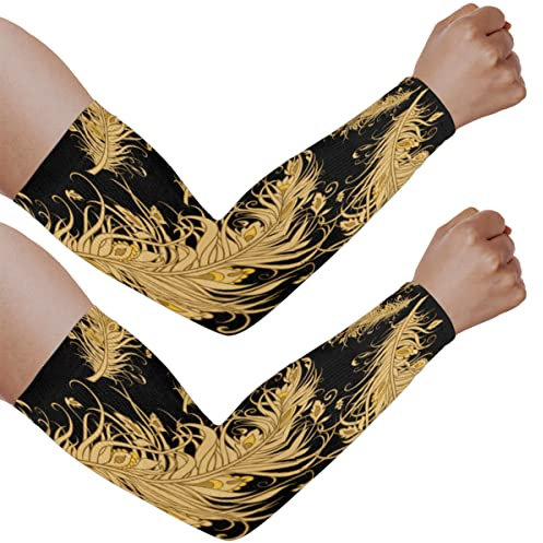 SEEKJOYS Goldener Federdruck UV-Sonnenschutz Armstulpen Nahtlose Feder UPF 50+ Kühlhülle für Männer und Frauen, Gartenarbeit Bauernhof Outdoor Sport Basketball Laufen Radfahren, mehrfarbig, 2 Paar