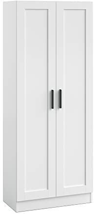 Panana Wooden Storage Cabinet, Narrow Pantry Cabinets Free Standing Tall Storage Cabinet with 2 Doors and Shelves (White)