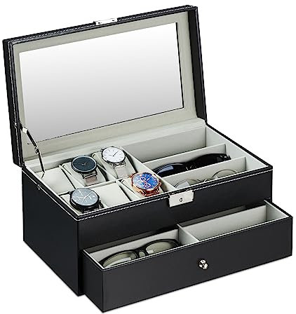 Relaxdays Schmuckaufbewahrung, großes Schmuckkästchen mit Schublade, für Brillen & Uhren, HBT: 15,5x33,5x19 cm, schwarz