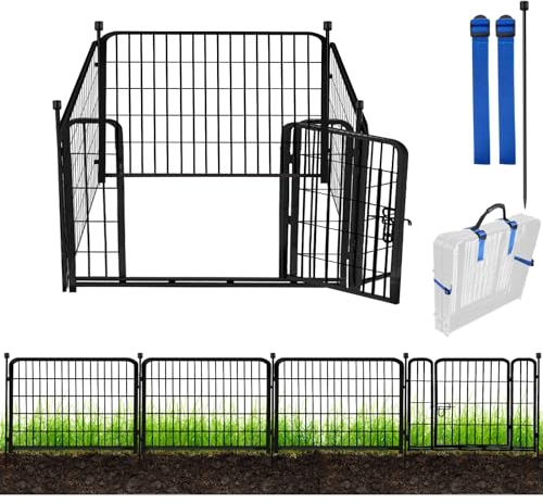 ADAVIN Gartenzaun mit Tor, 61 cm (H) × 3 m (L) 4 Paneele, schwarz, strapazierfähig, Eisen-Metall-Tierbarriere-Zaun, Indoor- und Outdoor-Hunde-Laufstall, Campingzaun, kein Graben, Gartenbegrenzung für