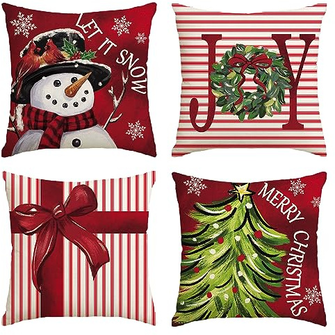 AVOIN colorlife Merry Christmas Let It Snow Joy Stripes Gift Box Red Throw Pillow Covers, 18 x 18 Inch Xmas Tree Holiday Cushion Case Decoration for Sofa Couch Set of 4