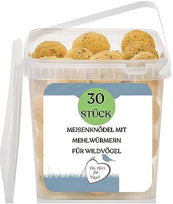 Vogelknödel Premium Meisenknödel ohne Netz, 30 Stück mit Mehlwürmern im wiederverwendbaren Eimer - 2,7 kg - Hochenergetische Nahrungsquelle für Wildvögel