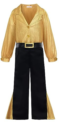 ReliBeauty Disfraz Disco Niños 3 a 12 años Dorado con Pantalón Años 70 Años 80 Disfraz Carnaval Fiestas,100