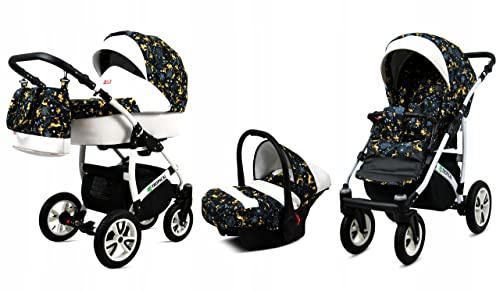 BabyLux® Carrito de Bebé Sistema de Viaje Set 3 en 1 - Tropical - incl. Capazo, Silla de Paseo, Silla Coche - Cochecito - con Bolso cambiador, Cubierta para la lluvia, Mosquitera etc.