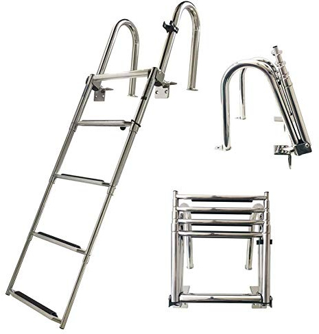 Scaletta a 5 gradini per pontone per barca, in acciaio inox, pieghevole, telescopica, resistente, con pedale, con corrimano, scala extra larga
