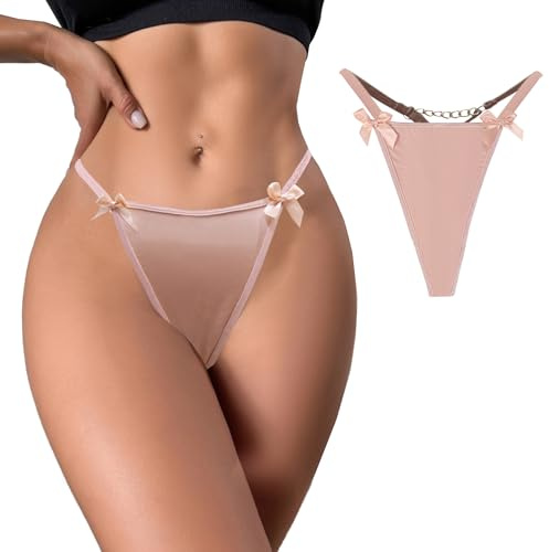 JFAN String Femme Tanga avec Nœud et Chaîne sous-Vêtement Chic Élastique Tanga Femme sans Couture Rose L