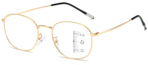 ZGYOZMNG Progressive Multifokus-Lesebrille, runde Blaulicht-Schutzbrille für Damen und Herren, Metallrahmen, Brille zum Lesen am Computer, Spielen, Fernsehen, Gold, +250 (Gold 400)
