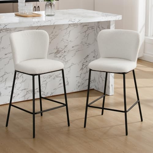 chairus Juego 2 Taburetes de Bar Tapizados de Lana Sintética Sillas Altas Minimalista sin Brazos, Taburetes de Cocina con Respaldo y Patas Metálicas para Isla de Cocina/Cafetería, Blanco