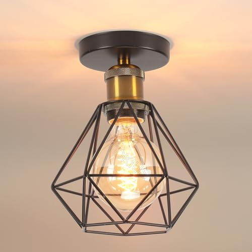 TOKIUS Deckenlampe, 16CM Vintage Deckenleuchte im Industrial Design Retro Lampe Käfig Pendelleuchte Schwarz Lampenschirm aus Eisen mit E27 Fassung Messing Flurlampe (1 Stück)
