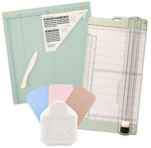 Vaessen Creative Papierschneider 15,2 x 30,5 cm – Falzbrett Score Easy 30,5 x 30,5 cm – 3-in-1 Eckenstanzer 4, 7, 10 mm - Karten Basteln, Scrapbooking – Inklusive Falzbein und Dreieck-Lineal