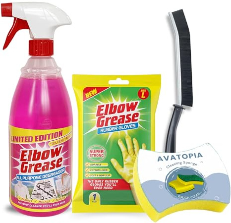 Elbow Grease Pink All-Purpose Degreaser Spray 1L, Elbow Grease Rubber Gloves, Cleaning Sponge & Crevice Brush – Ultimate Grease Remover Bundle, Multipurpose Cleaner Spray, Pink cleaning products