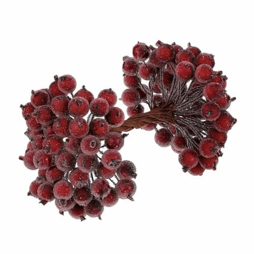 YLREAN 40 pezzi di bacche di agrifoglio artificiali, decorazione floreale finta, mini Natale glassato, rosso e verde