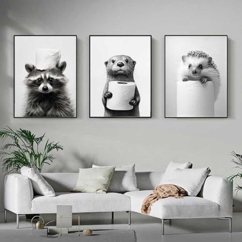 3 Poster Tiere Witzig Schwarz Und Weiß Bild Badezimmer Lustiges WC 30 x 40 cm Druck Auf Leinwand Humor Foto Wilde Tiere Toilette Wanddekoration