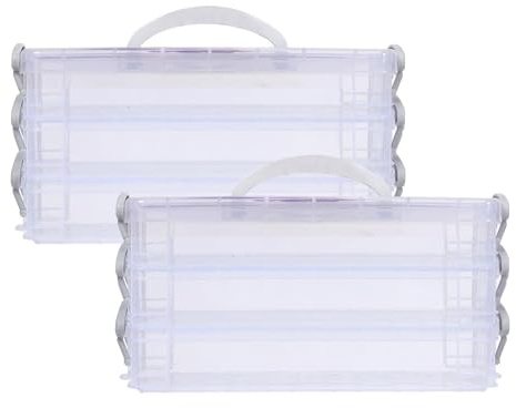 AUTUUCKEE 2pcs Craft Storage Box with Lid, 3 Tier Clear Plastic Storage Box with Handle, Portable Pencil Case Pen Storage, Pen Drawing Tools Container Storage Box with Compartments(Clear)