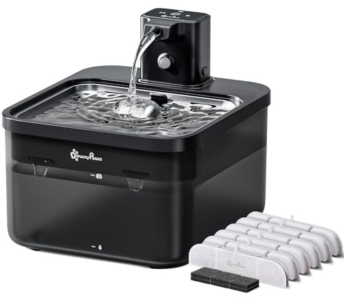 DownyPaws 2.5L Trinkbrunnen für Katze Kabellos, Schwarz mit 6 Filters | Katzenbrunnen mit Bewegungsmelder, Batteriebetrieben, 4000mAh, Leise Wasserpumpe, Tablett aus Edelstahl, Katzentrinkbrunnen