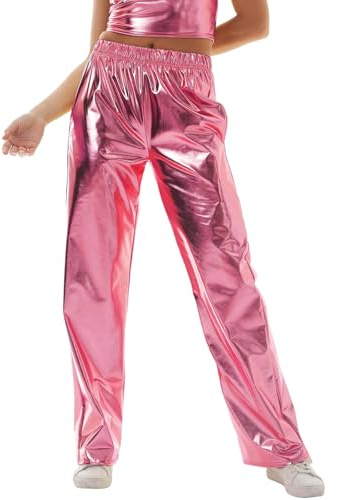 Generisch Damen Glitzer Metallic Hose 80er 90er Jahre High Waist Hologramm Hip Hop Jogginghose