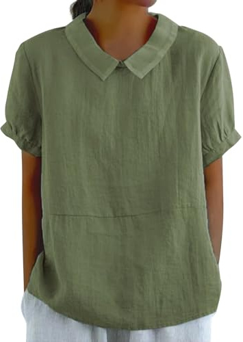 Damen T-Shirt Leinenbluse Sommer Baumwoll Leinen Oberteile Vintage Einfarbig Tunika Bluse Basic Kurzarm Locker Lässiges Bequemes Shirt Modisch Leinenhemd Hemdbluse Top