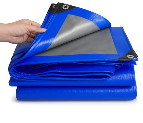 Paluplus Telone Copritutto Occhiellato colore Grigio e Blu, Telo Protettivo 245gr/m2, Impermeabile e Isolante, Angoli Rinforzati e Borchie in Metallo, per barche, auto, legna -1344F-14,8 (6x10 Metri)