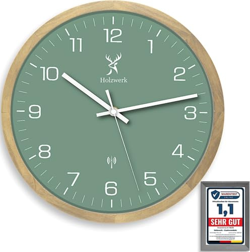 Holzwerk Radio-Controlled Natural Wooden Wall Clock Vintage Glass Radio-Controlled Clock Running Quiet Movement without Ticking Noises Green Beech Almost Silent Made of Handmade Solid Wood 30 cm