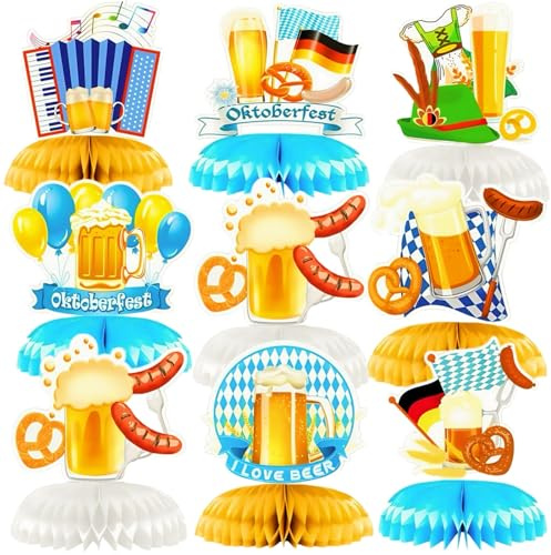 9 Stück Oktoberfest Deko Set, Oktoberfest Deko Bienenwaben, Bayerische Deko, Bayern Deko, Oktoberfest Tischdeko Set, Bayrische Bierfest Deko Tischdekoration, Bayerische Deko 3D für Oktoberfestparty