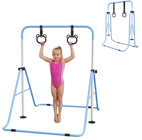 HOMCOM Barre de Gymnastique pour Enfants, Barre Horizontale, équipement de Gymnastique Pliable à Hauteur réglable 88-128 cm avec Anneaux de Gymnastique, Bleu