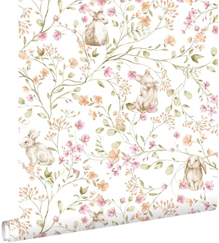 ESTAhome carta da parati conigli verde, rosa e arancione 50 x 900 cm