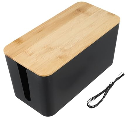 Oniissy Grande boîte de rangement de câbles avec couvercle en bois pour multiprises et câbles, boîtier de rangement électrique en plastique ABS pour la maison et le bureau, noir (A)