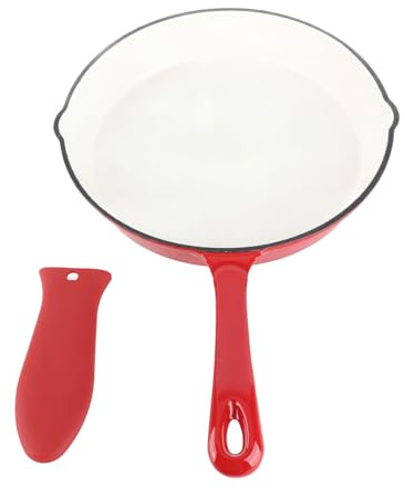 ANKROYU Padella in ghisa smaltata Pentole da di grado professionale 25 cm Rosso Durevole Manico lungo Padella ergonomica per chef domestici e appassionati di Elevata ritenzione d
